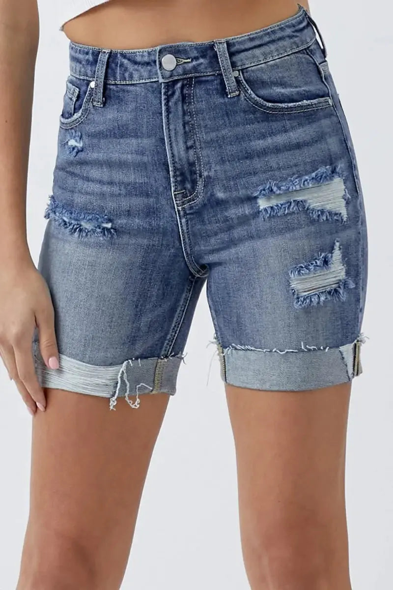 Distressed Denim Shorts - Rolled Hem Pockets - Casual