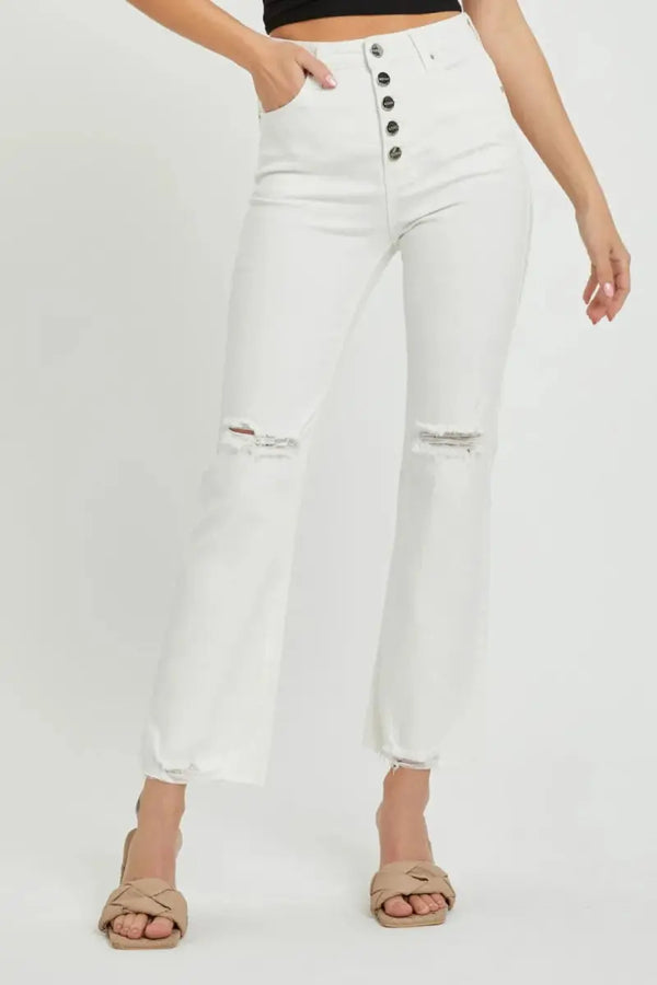 Jeans - High Rise Button Fly - Straight Ankle Denim