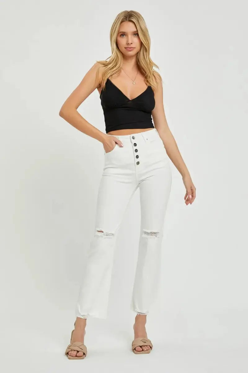 Jeans - High Rise Button Fly - Straight Ankle Denim