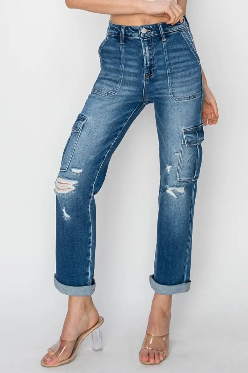 Trendsi RISEN High Rise Cargo Jeans Women's Casual Straight Leg Denim USA Ship