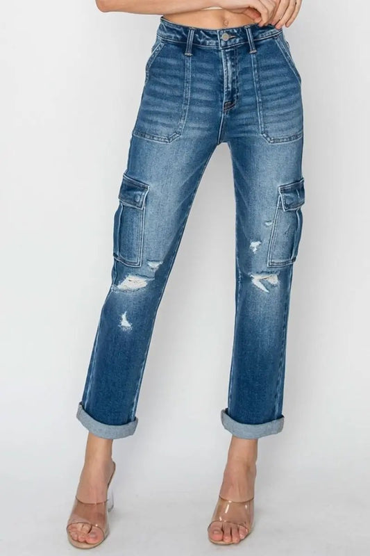 Trendsi RISEN High Rise Cargo Jeans Women's Casual Straight Leg Denim USA Ship