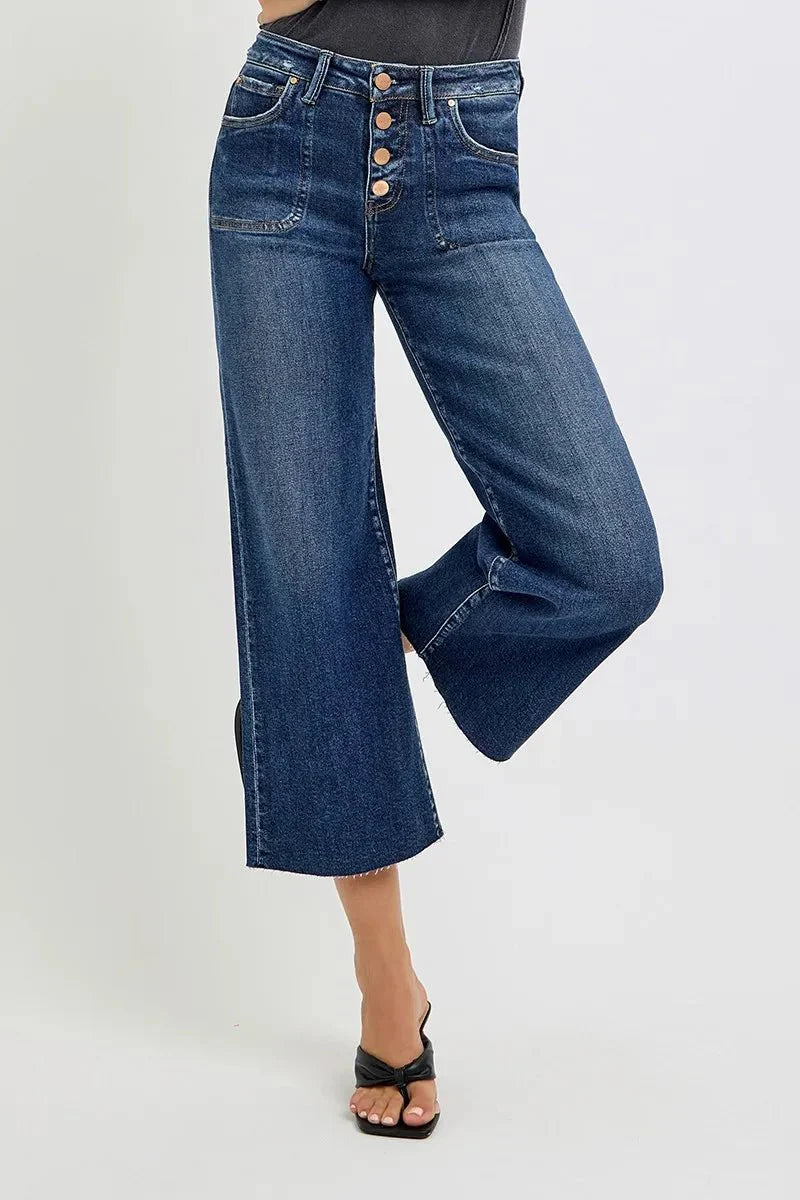 RISEN Full Size High Rise Crop Wide Button Up Jeans Plus Size