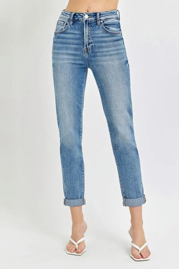 Trendsi Risen Jeans Women's High Rise Cropped Roll Up - Casual Denim, USA Ship