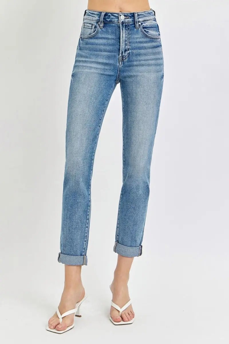 Trendsi Risen Jeans Women's High Rise Cropped Roll Up - Casual Denim, USA Ship