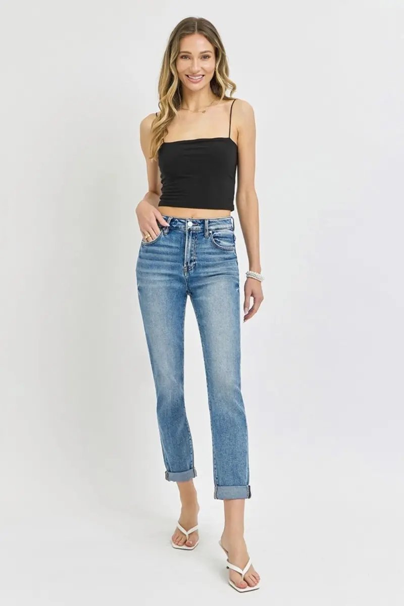 Trendsi Risen Jeans Women's High Rise Cropped Roll Up - Casual Denim, USA Ship