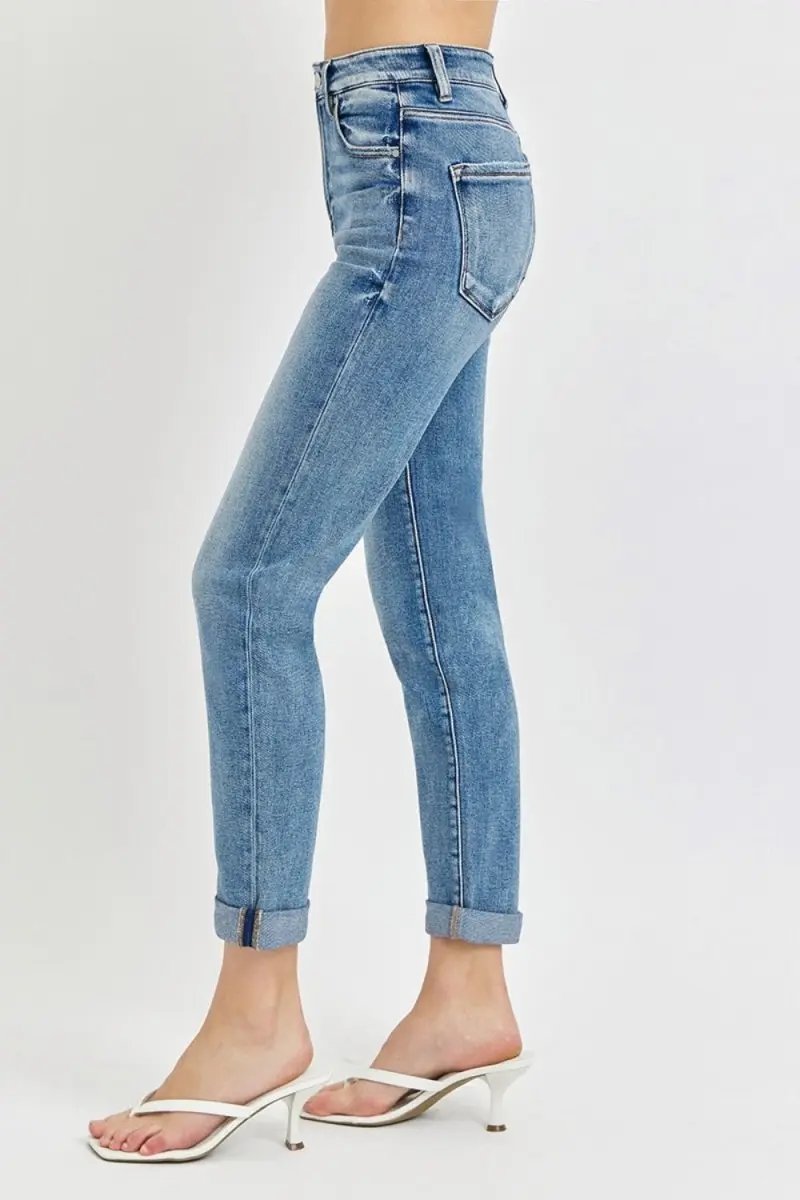 Trendsi Risen Jeans Women's High Rise Cropped Roll Up - Casual Denim, USA Ship