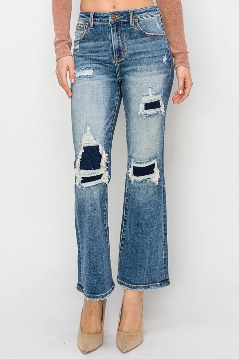 Trendsi Risen Jeans Women's High Rise Distressed Flare Ankle Jeans USA Ship