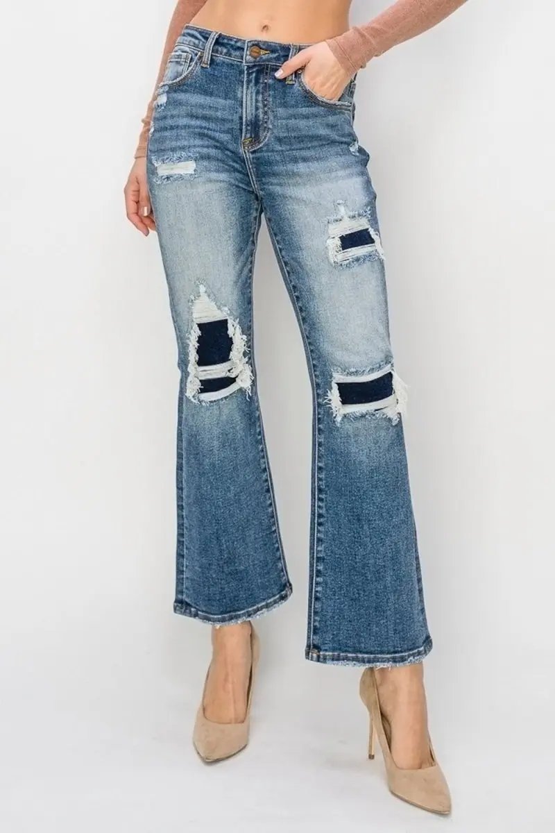 Trendsi Risen Jeans Women's High Rise Distressed Flare Ankle Jeans USA Ship