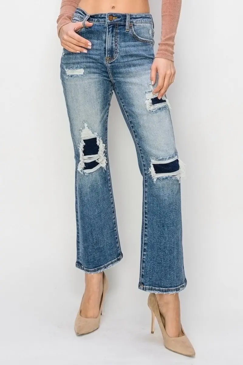 Trendsi Risen Jeans Women's High Rise Distressed Flare Ankle Jeans USA Ship