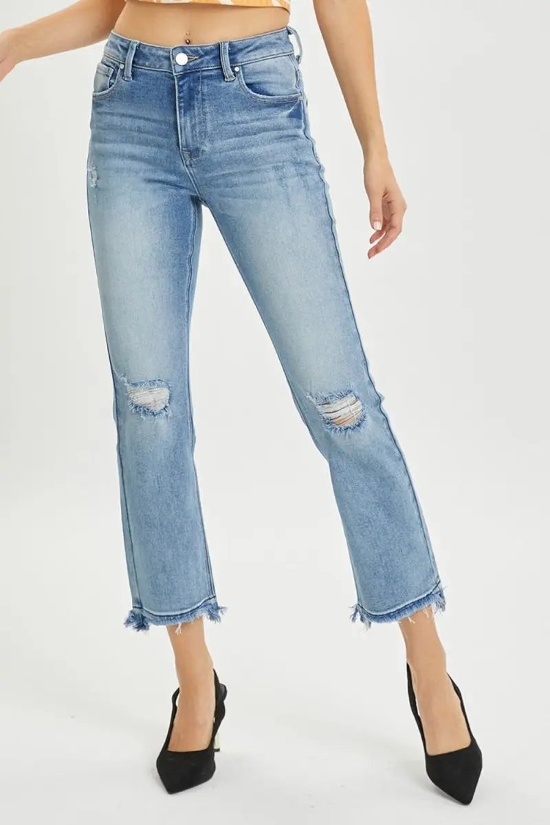Trendsi RISEN Distressed Jeans Women's High Rise Cropped Straight Leg Denim