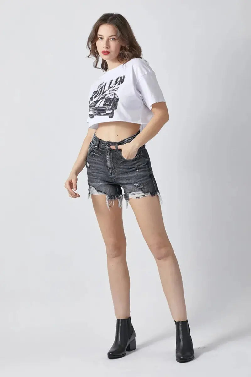 Denim Shorts - Distressed High Rise - Casual Comfy Fit