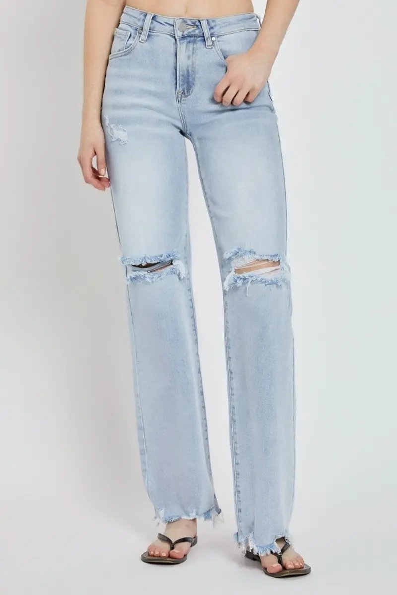 Trendsi RISEN High Rise Distressed Wide Leg Jeans Women's Everyday Denim - Comfortable Fit