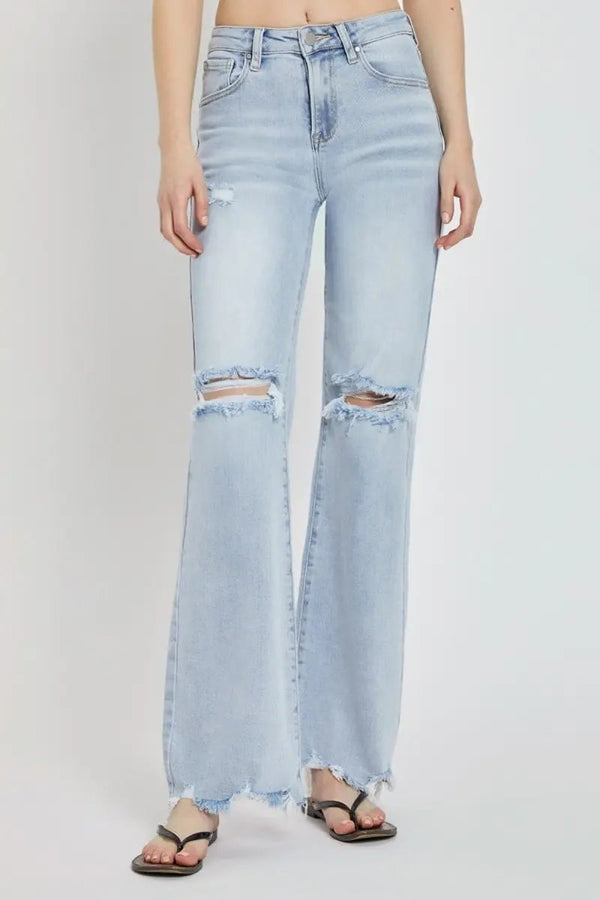 Trendsi RISEN High Rise Distressed Wide Leg Jeans Women's Everyday Denim - Comfortable Fit