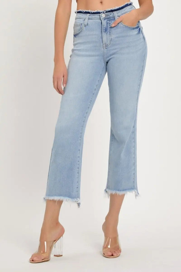 Trendsi RISEN High Rise Jeans Women's Casual Raw Hem Cropped Denim - USA Ship