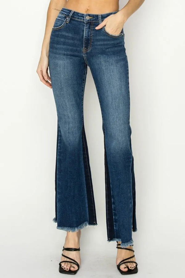 Trendsi RISEN High Rise Flare Jeans Women's Everyday Style Slit Detail Denim