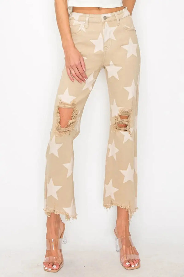 Trendsi Star Print Jeans Women's High Rise Casual Denim Frayed Hem Trendy