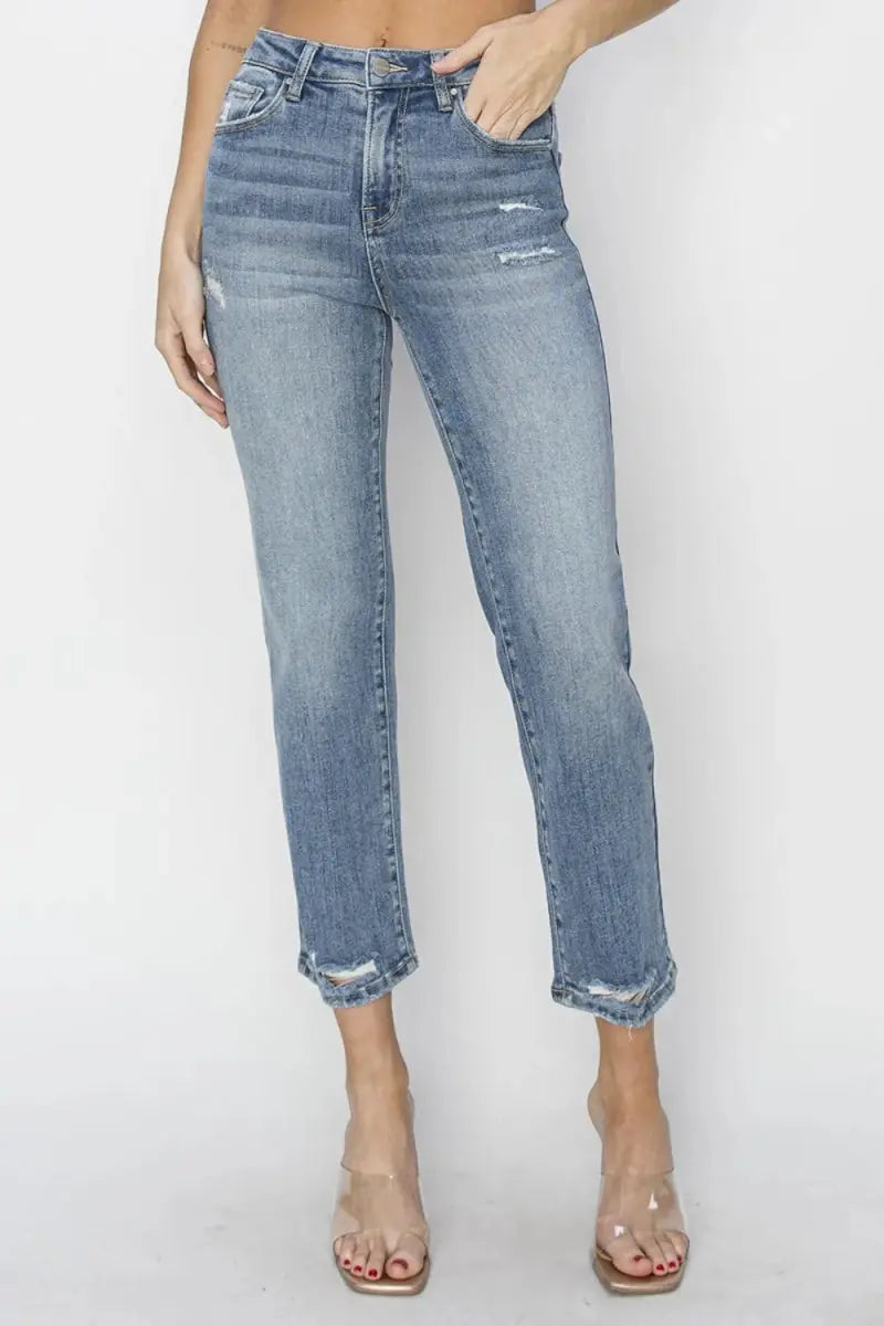 Jeans - High Waist Distressed Cropped Slim Fit - Casual