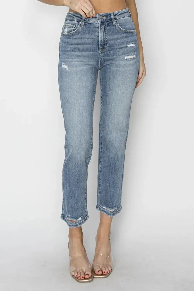 Jeans - High Waist Distressed Cropped Slim Fit - Casual