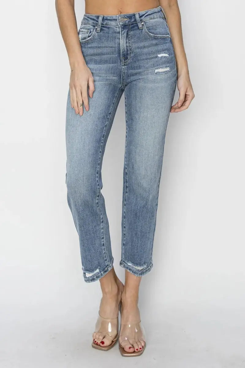 Jeans - High Waist Distressed Cropped Slim Fit - Casual