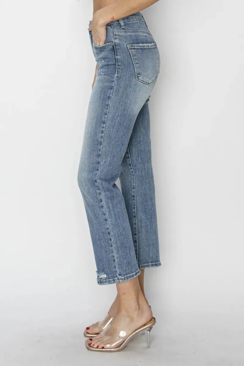 Jeans - High Waist Distressed Cropped Slim Fit - Casual