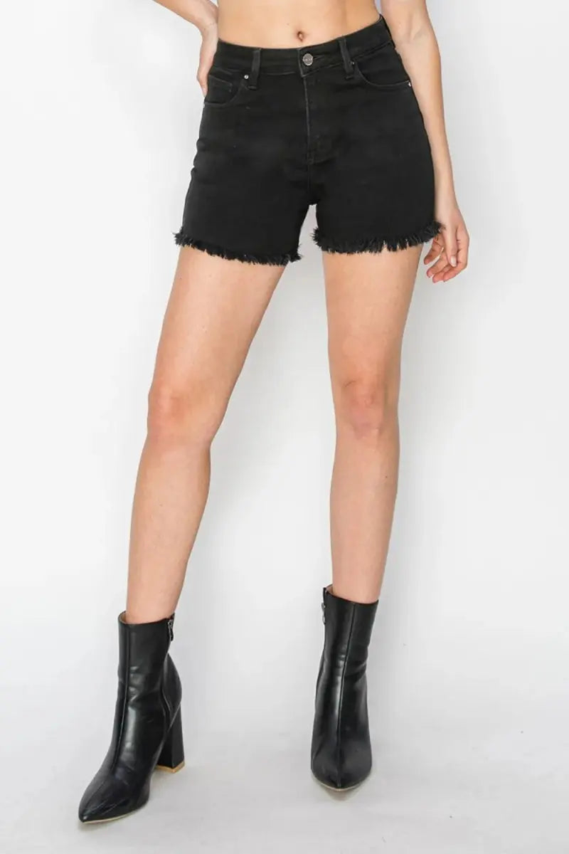Denim Shorts - High Waist Raw Hem - Casual Summer