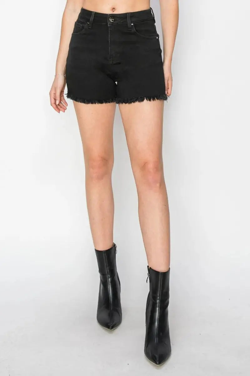 Denim Shorts - High Waist Raw Hem - Casual Summer