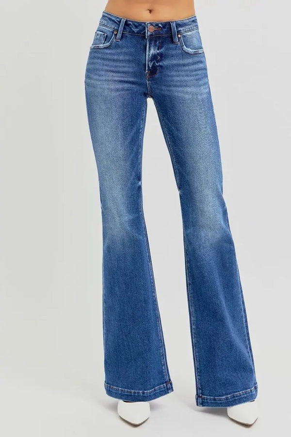 Trendsi RISEN Flare Jeans Women's Low Rise Casual Denim Pants with Pockets