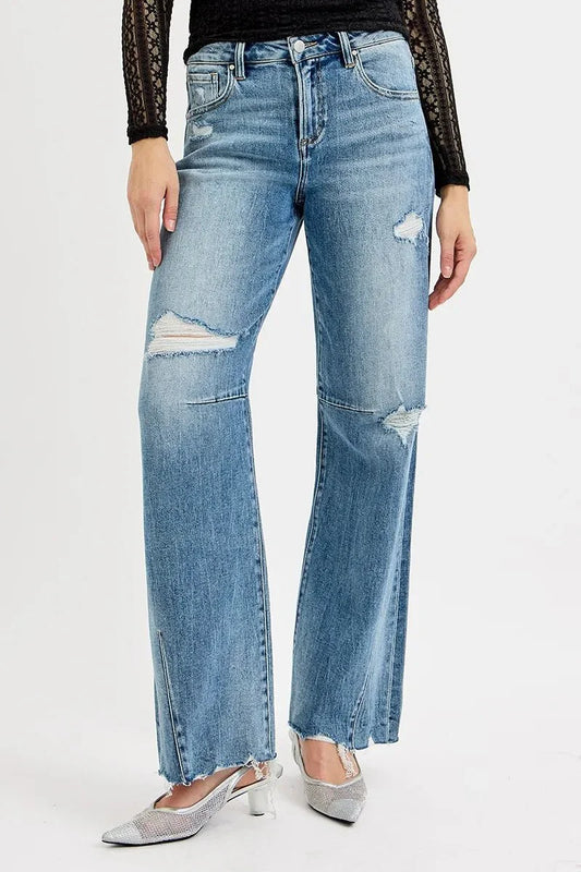 RISEN Full Size Mid Rise Fit Wide Baggy Leg Tie Washed Jeans Plus Size