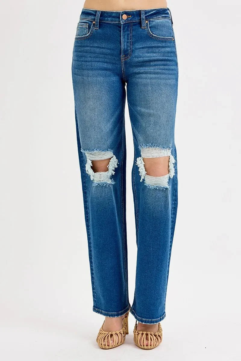 RISEN Full Size Mid Waist Fit Boyfriend Knee Distressed Jeans Plus Size