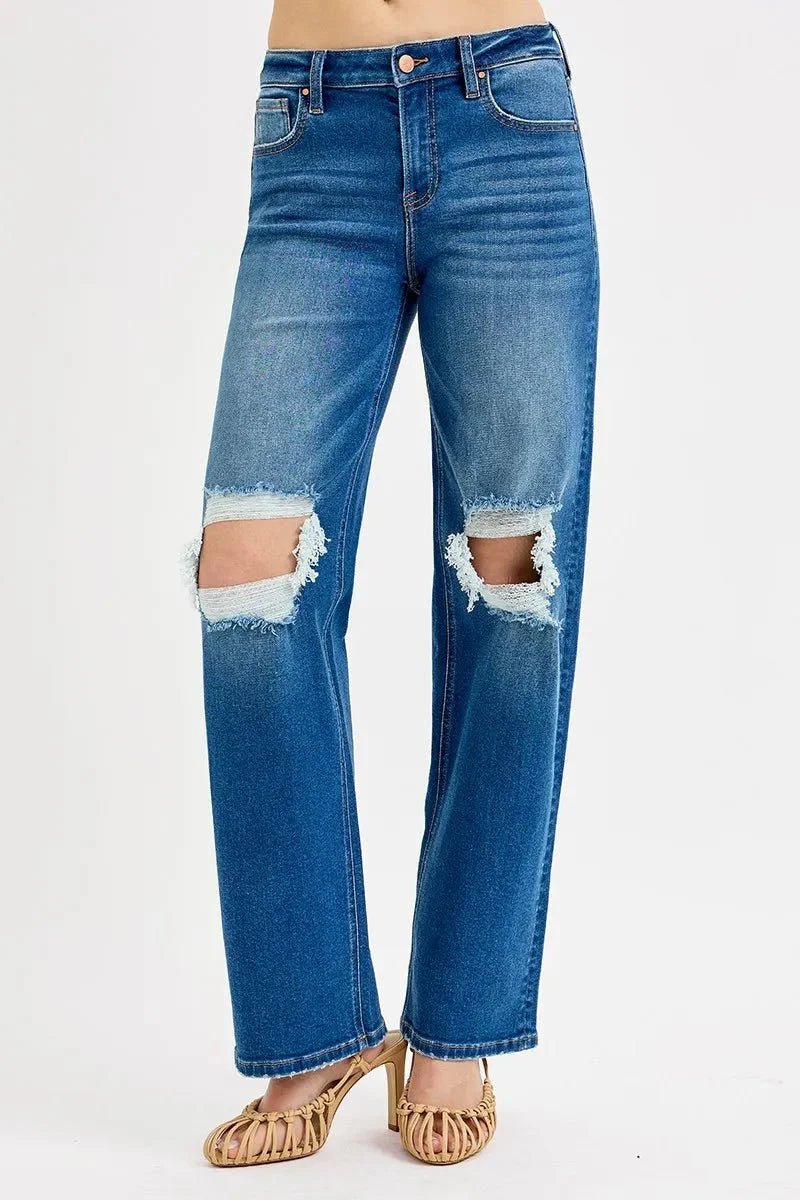 RISEN Full Size Mid Waist Fit Boyfriend Knee Distressed Jeans Plus Size