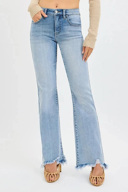 RISEN Full Size Tummy Control Mid Rise Flare Jeans with Fray Hem Detailed Plus Size