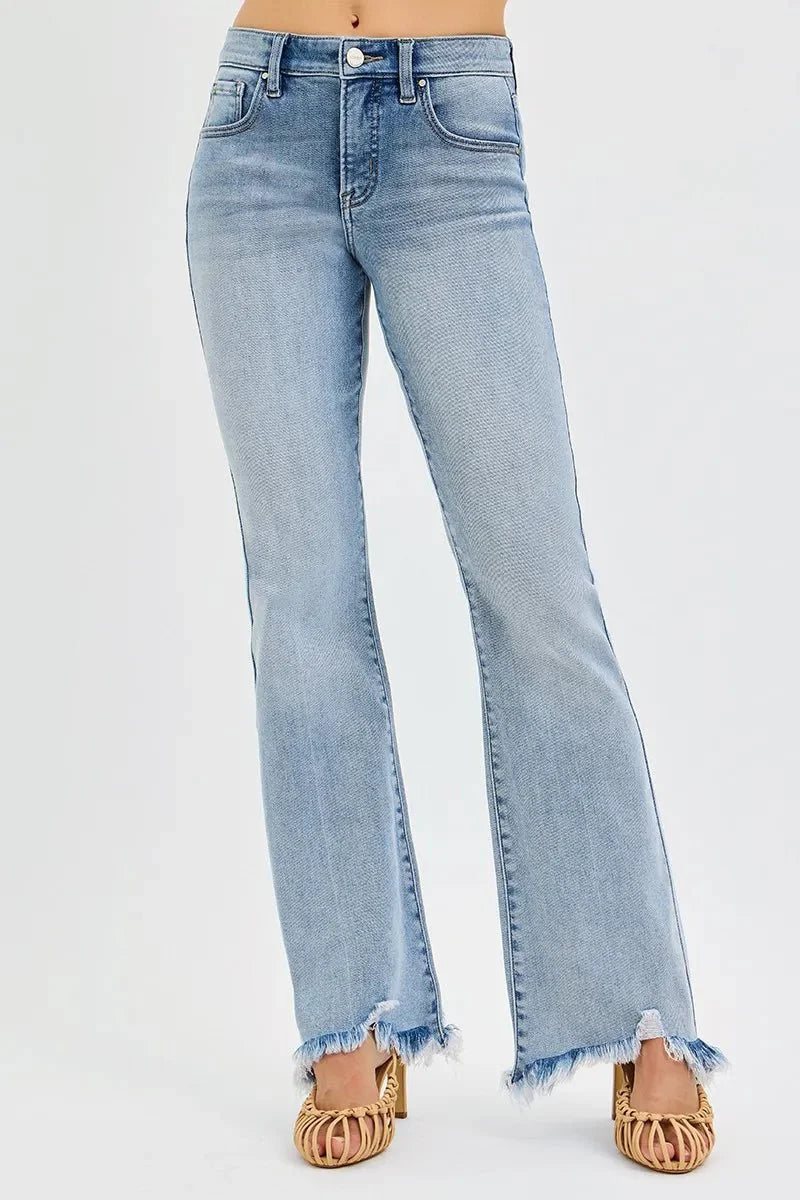 RISEN Full Size Tummy Control Mid Rise Flare Jeans with Fray Hem Detailed Plus Size