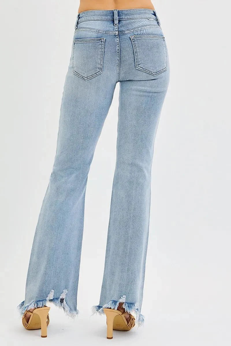 RISEN Full Size Tummy Control Mid Rise Flare Jeans with Fray Hem Detailed Plus Size