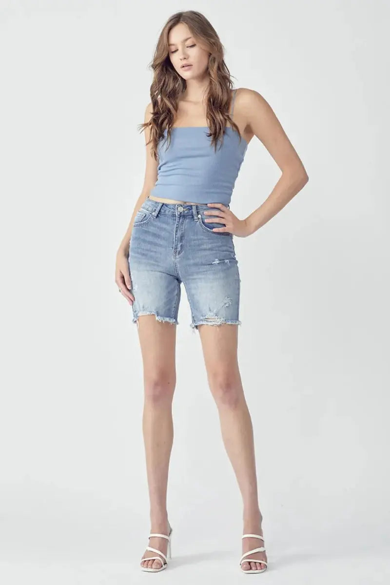 Denim Shorts - High Rise - Distressed Style