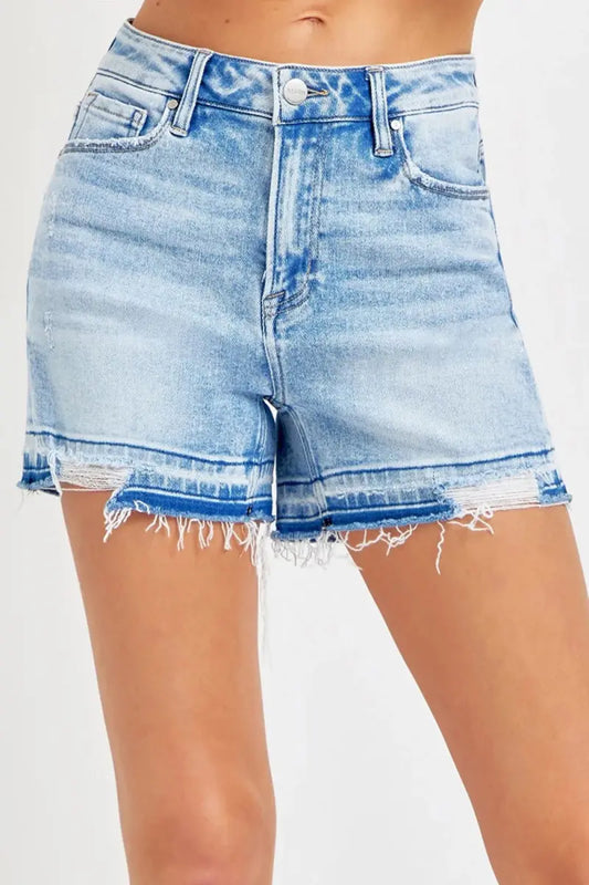 Denim Shorts - High Rise Distressed Hem - Casual Summer
