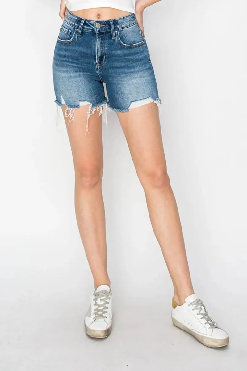 Denim Shorts - High Rise Distressed Raw Hem - Women's Casual