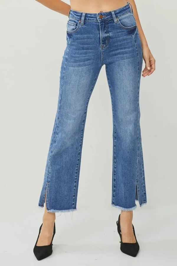 Trendsi High Waist Jeans Women's Casual Raw Hem Slit Straight Leg Denim