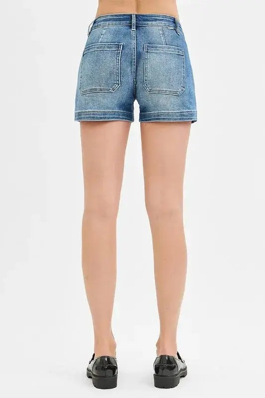 Denim Shorts - Low Rise Patch Pocket - Women's Casual