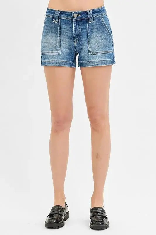 Denim Shorts - Low Rise Patch Pocket - Women's Casual