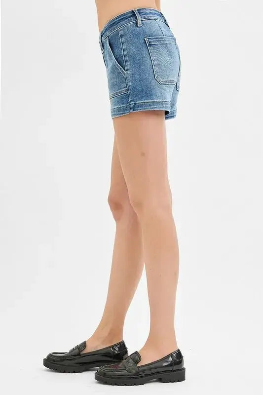 Denim Shorts - Low Rise Patch Pocket - Women's Casual