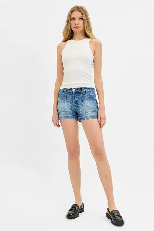 Denim Shorts - Low Rise Patch Pocket - Women's Casual