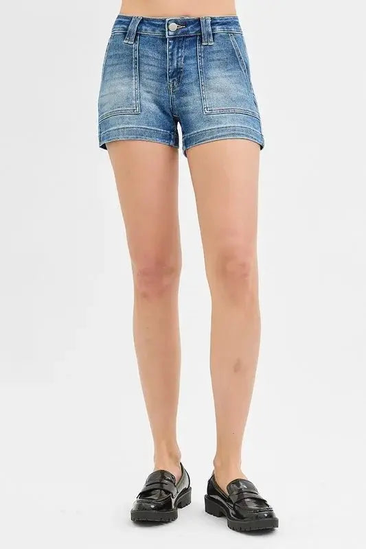Denim Shorts - Low Rise Patch Pocket - Women's Casual