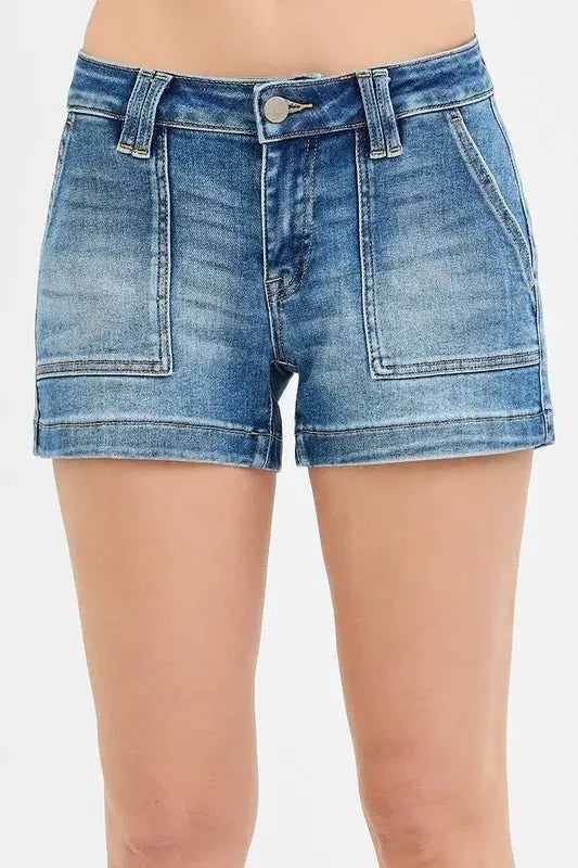Denim Shorts - Low Rise Patch Pocket - Women's Casual