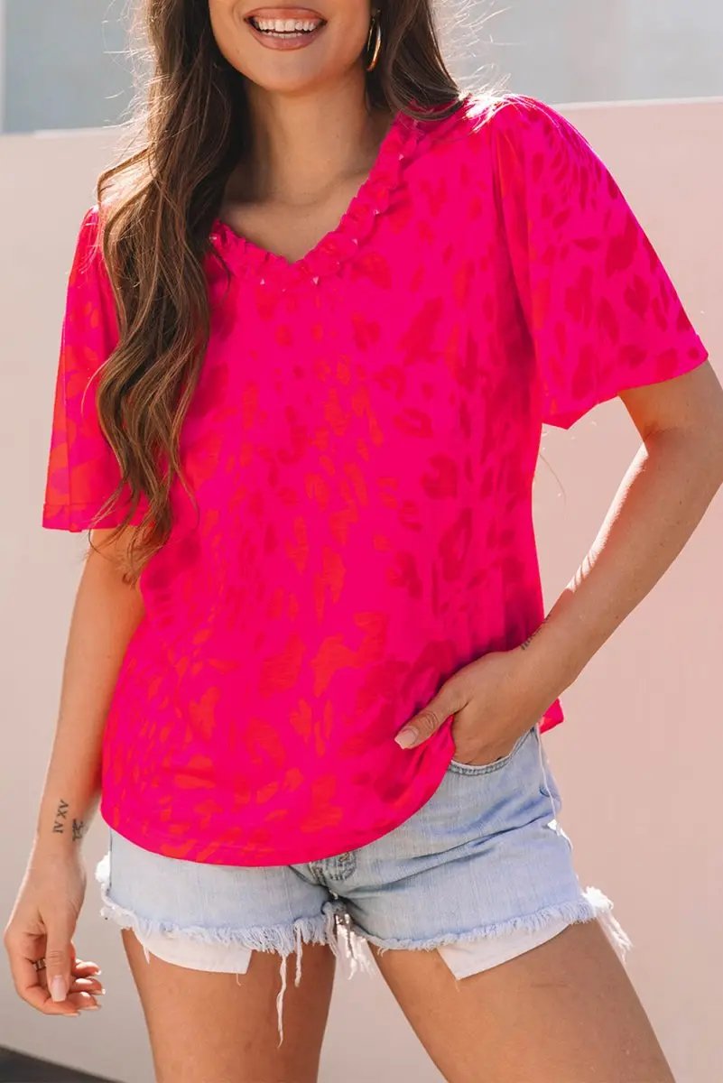 Love Salve Rose Leopard V-Neck Women's Blouse Daily Wear Top - Frilly & Short Sleeve