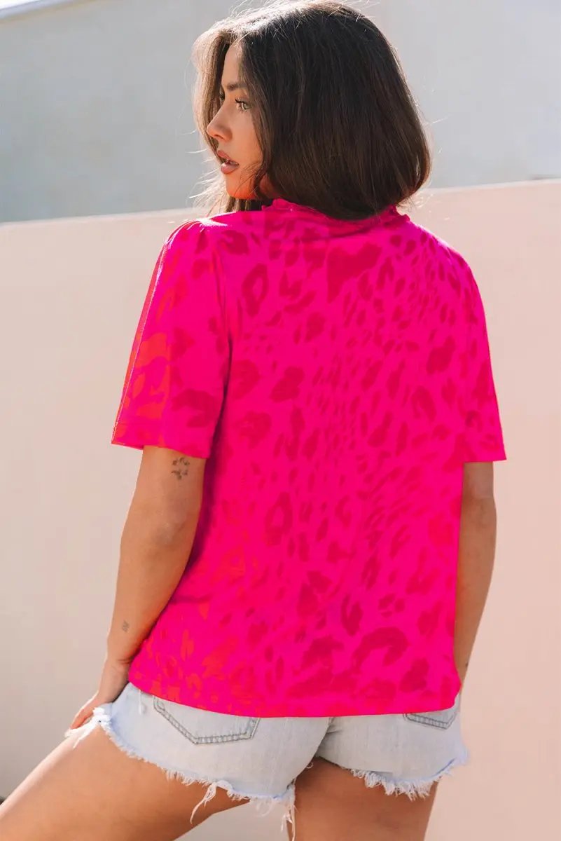 Love Salve Rose Leopard V-Neck Women's Blouse Daily Wear Top - Frilly & Short Sleeve