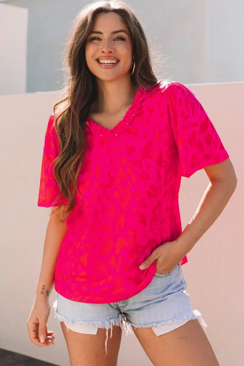 Love Salve Rose Leopard V-Neck Women's Blouse Daily Wear Top - Frilly & Short Sleeve