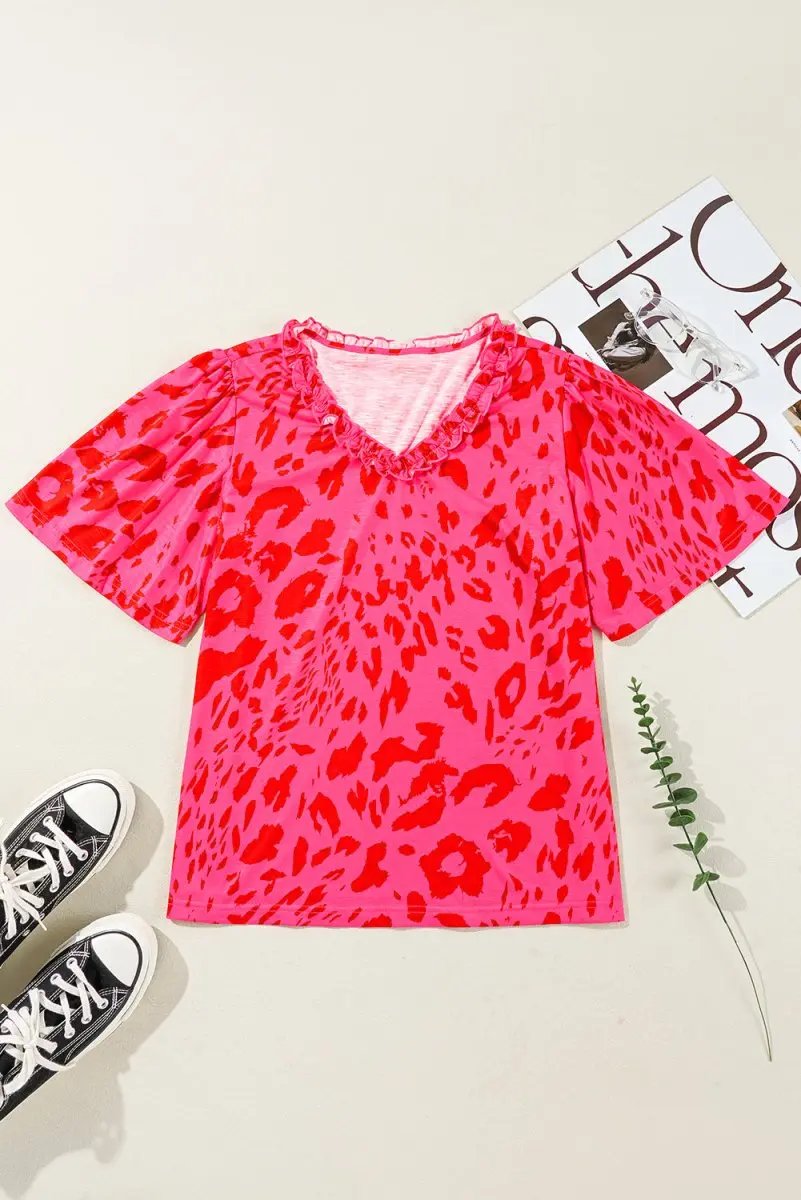 Love Salve Rose Leopard V-Neck Women's Blouse Daily Wear Top - Frilly & Short Sleeve
