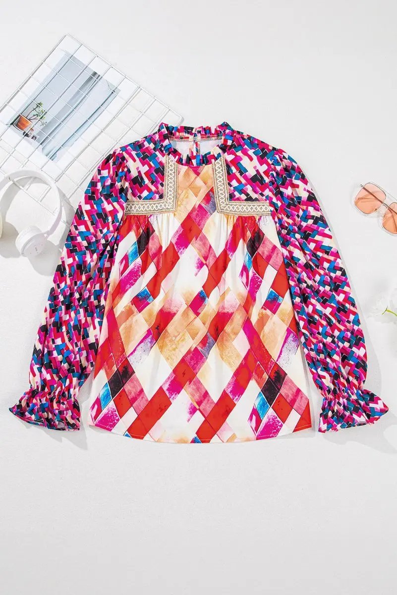 Love Salve Rose Red Blouse Women's Daily Wear Top Puff Sleeve Abstract Print Trendy