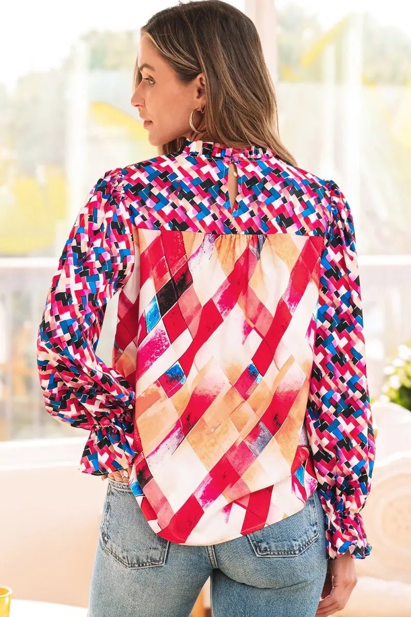 Love Salve Rose Red Blouse Women's Daily Wear Top Puff Sleeve Abstract Print Trendy