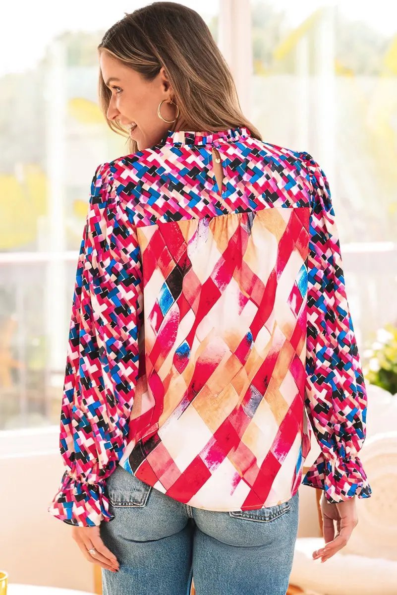 Love Salve Rose Red Blouse Women's Daily Wear Top Puff Sleeve Abstract Print Trendy